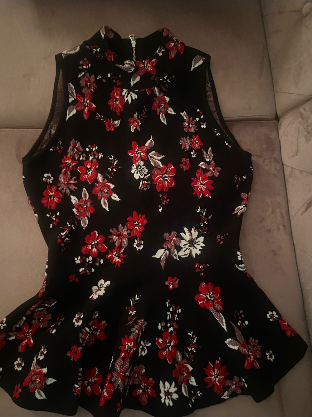 Milly Black Sleeveless Floral Peplum Knit Tank with Red and White Blooms SZ S